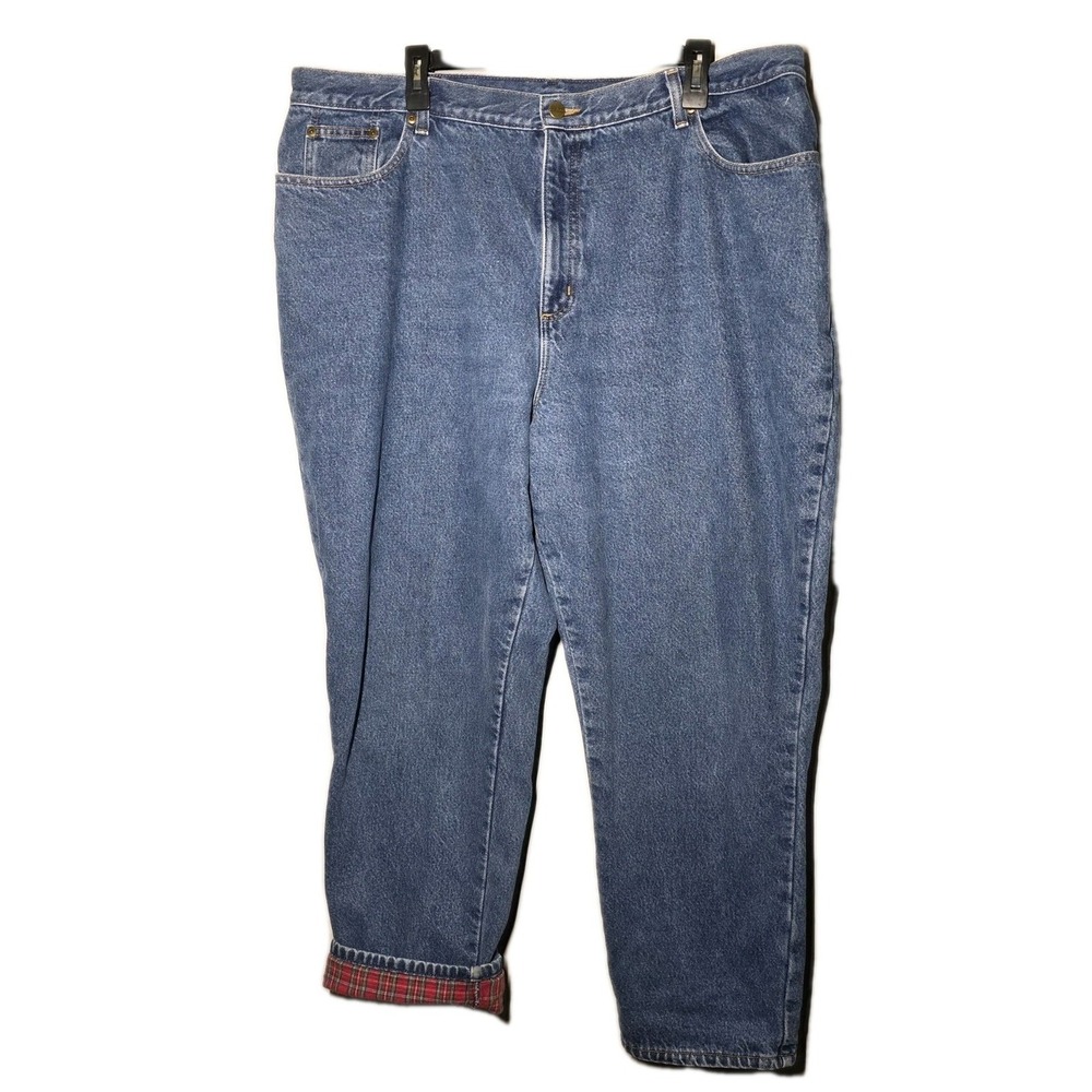 L.L. Bean Red Plaid Flannel Lined Denim Blue Jeans Pants Womens 22W Insulated